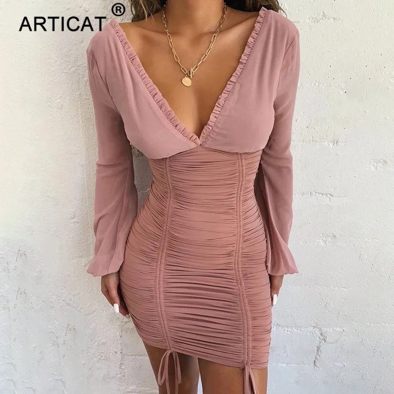 Casual Kleider Chiffon Sommer Herbst Kleid Frauen 2022 Sexy Langarm Dünne Elastische Bodycon Verband Kurze Plissee Party