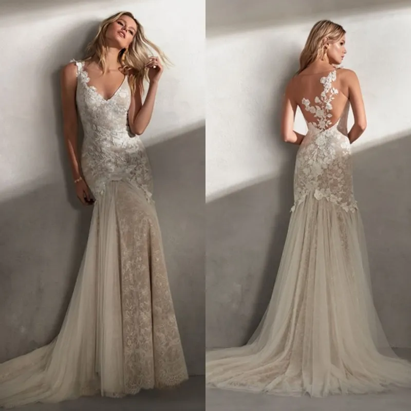 Abiti da sposa vintage a sirena 2019 con scollo a V e applicazioni in pizzo pieno Abiti da sposa Bohemian Beach Tulle Boho Wedding Dress