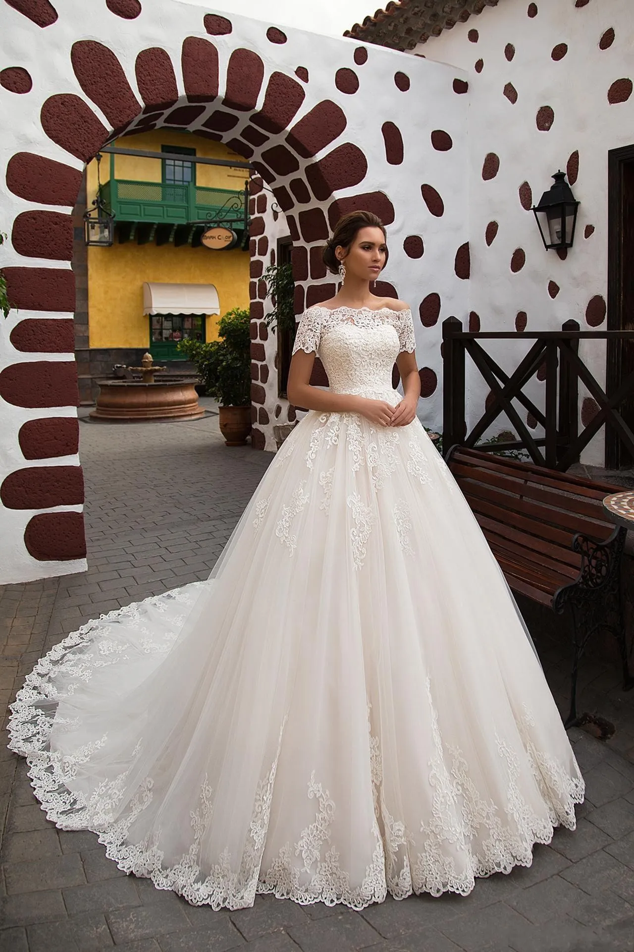 off the shoulder a line wedding dress