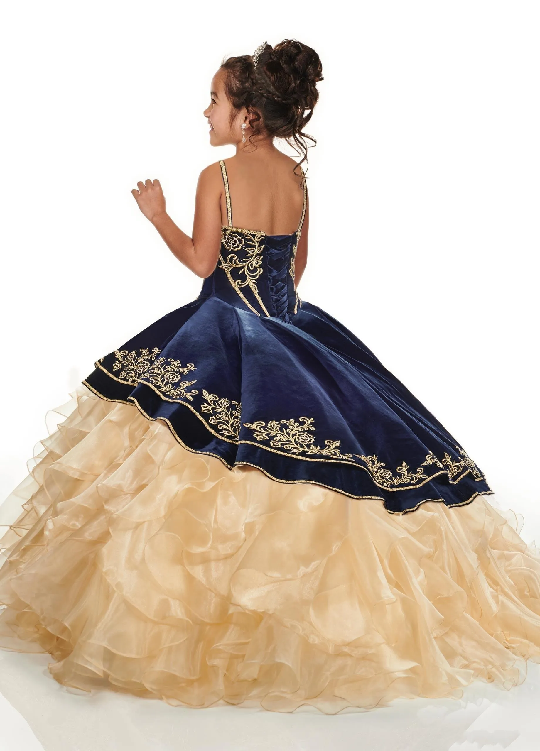2022 Navy Blue Flower Girl Dress With Gold Embroidery Cupcake Ruffles Spaghetti Straps Organza Fabric Perfect For Pageants And Holy Communion From Allanhu 96.44 DHgate.Com