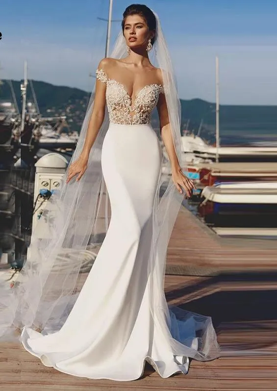 Abiti da sposa a sirena 2019 pura illusione girocollo vedere attraverso pizzo senza schienale appliqued abito da sposa Boho abito da sposa sexy