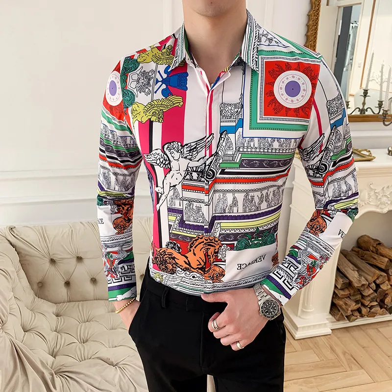 NOVEDAD DE VERANO 2020 camisa roja de manga larga para hombre camisa ajustadas coreanas de manga larga ropa con estampado de ngeles camisetas