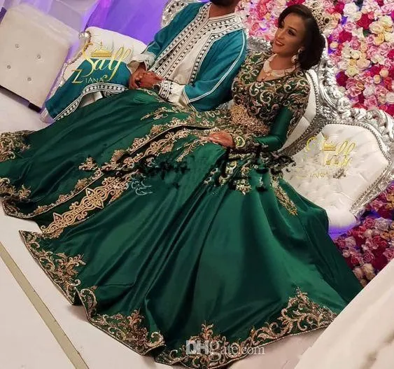 Luxe smaragdgroene moslim avondjurken met lange mouw Sparkly gouden Marokkaanse prinsessen Romeo plus size