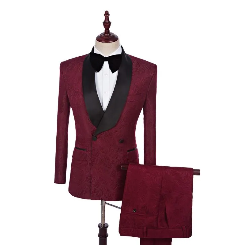 Popular Double-Breasted Burgundy Paisley Groom Tuxedos Shawl Lapel Groomsmen Mens Suits Wedding Prom Dinner Blazer Jacket Pants T250v