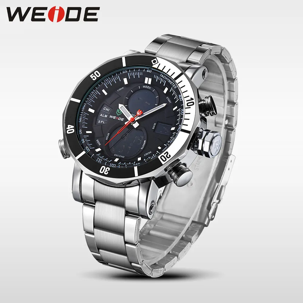 WEIDE Mens Quartz Digital Sports Auto Date Back Light Alarm Repeater Multiple Time Zones Stainless Steel Band Clock Wrist Watch308k