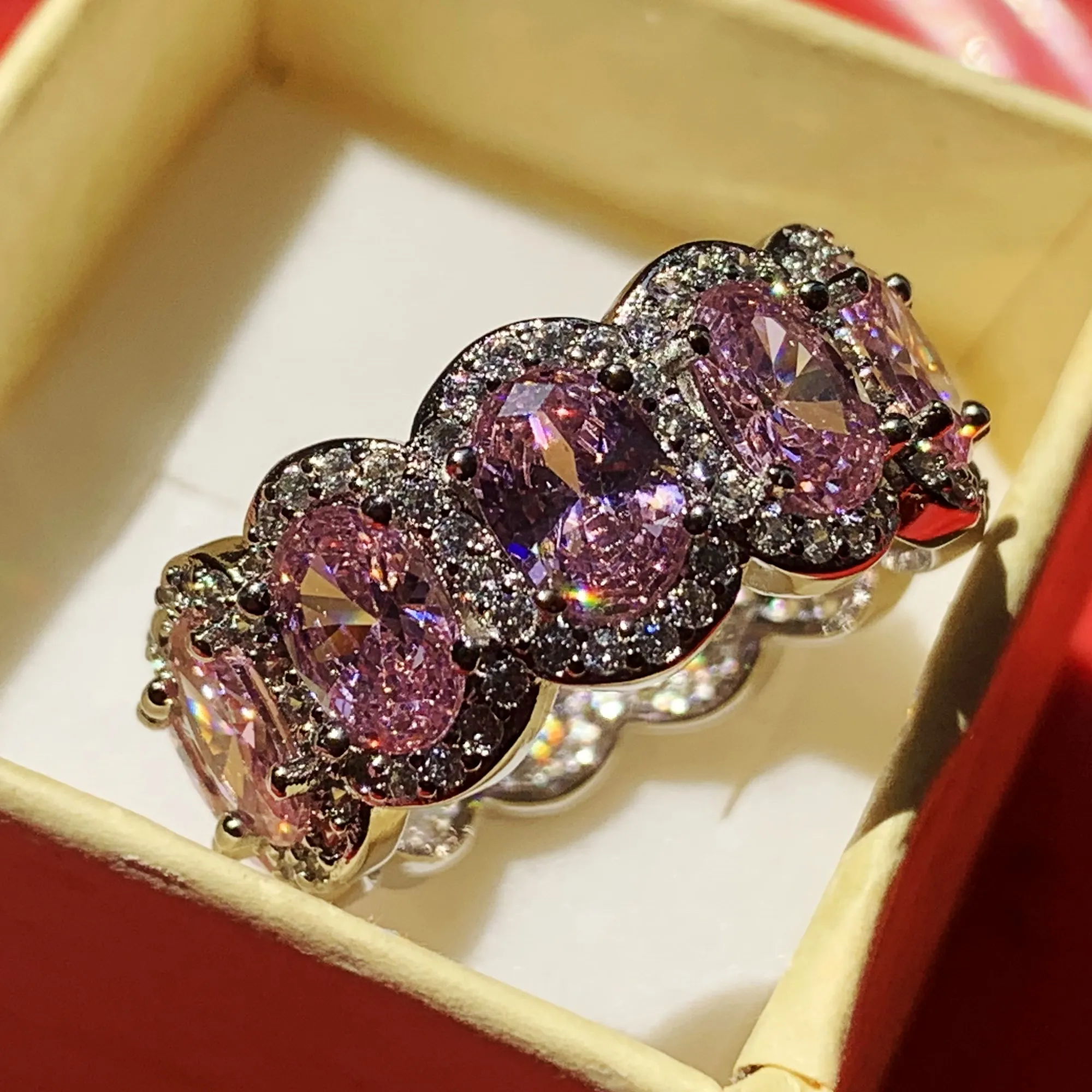 DHgate.com:Oval Cut Pink Topaz CZ Eternity Wedding Band Ring