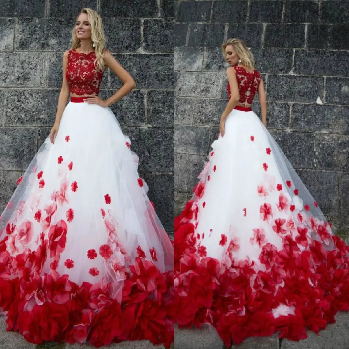 Duas peças vermelhas e vestidos brancos de baile de renda de renda de flores florais vestidos de noite jóia vestido de festa formal