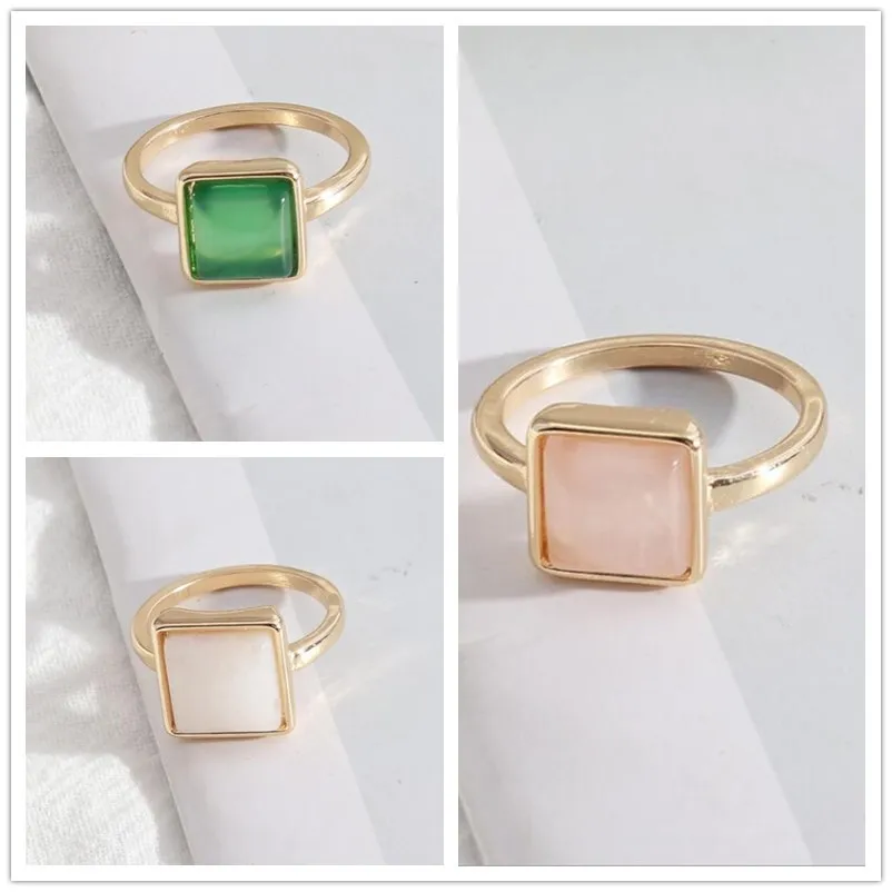 Bagues carrées en pierre de Quartz pour femmes, 1cm, blanc, vert, Rose, à la mode, diamètre intérieur 1.7cm, couleur or, Brincos Pendientes, bijoux pour femmes