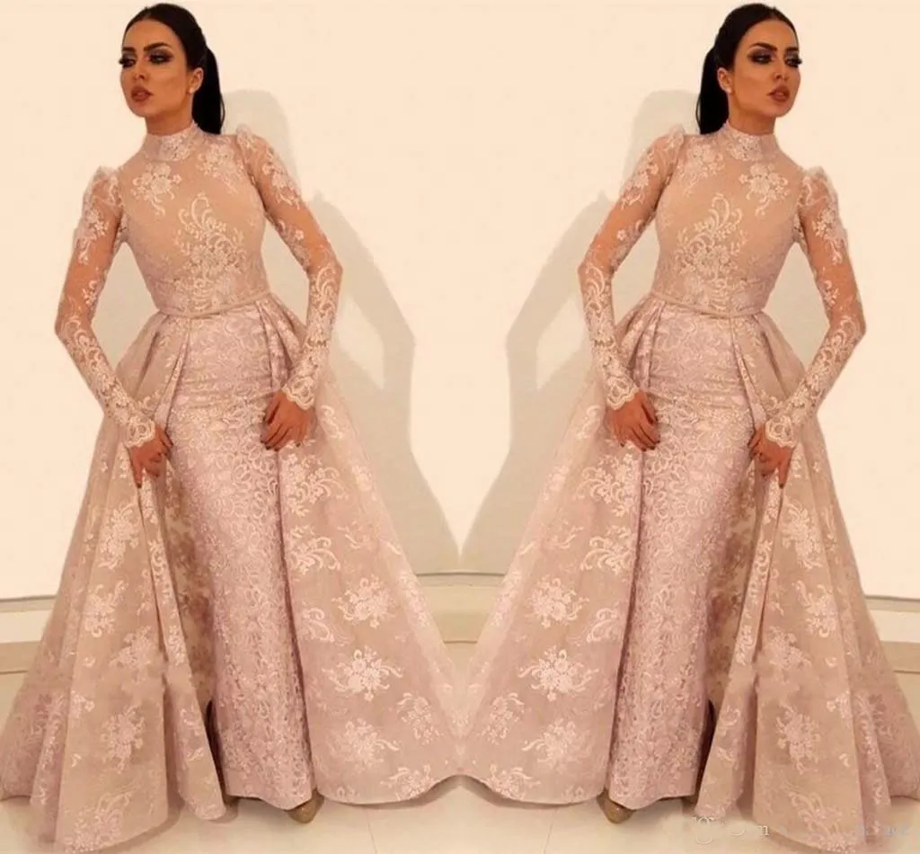 Saudi Arabic Long Sleeve High Neck Lace Evening Gowns Appliques Beaded Middle East Prom Dresses