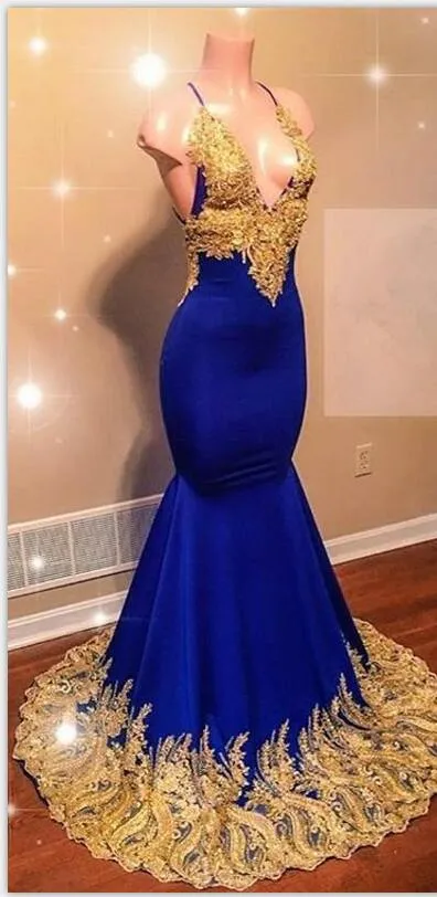 Mermaid High Neck Royal Blue African Prom Dress Gold Applique Evening –  SELINADRESS