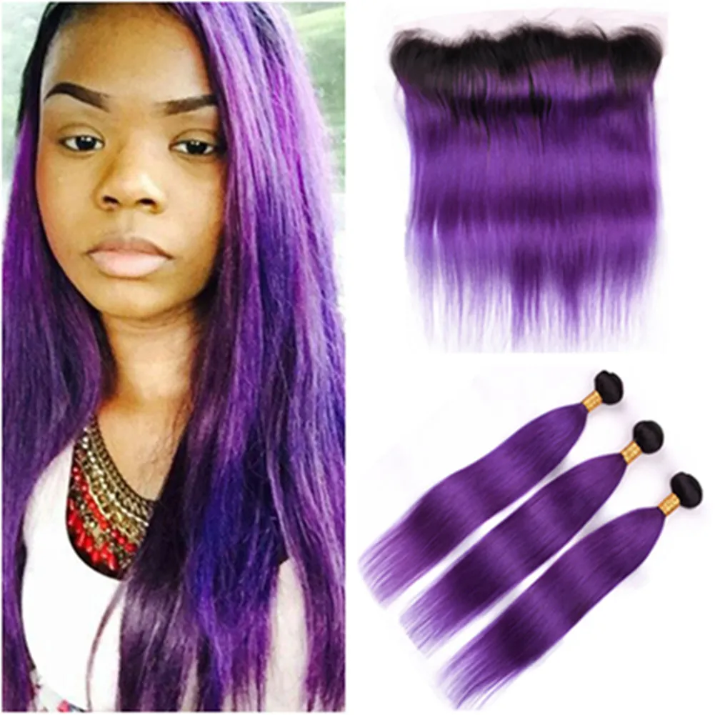 # 1B / Фиолетовые пучки прямых волос Ombre с фронтальными черными корнями Ombre Фиолетовые бразильские утки человеческих волос с 13x4 полными кружевными лобными