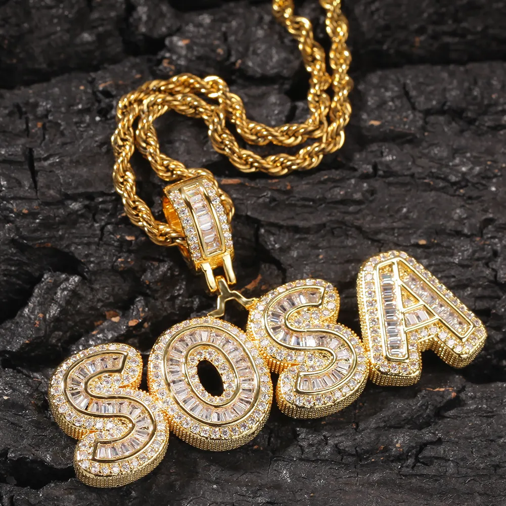 Necklaces Hip Hop Custom Name Baguette Letter Necklace with Free Rope Chain Gold Sier Bling Zirconia Men Pendant Jewelry