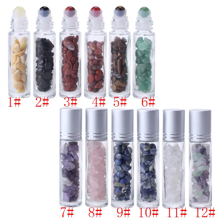 10ML Natural Gemstone  Oil Roller Ball Bottles Clear Perfumes Oil Liquids Roll On Bottles With Crystal Chips 