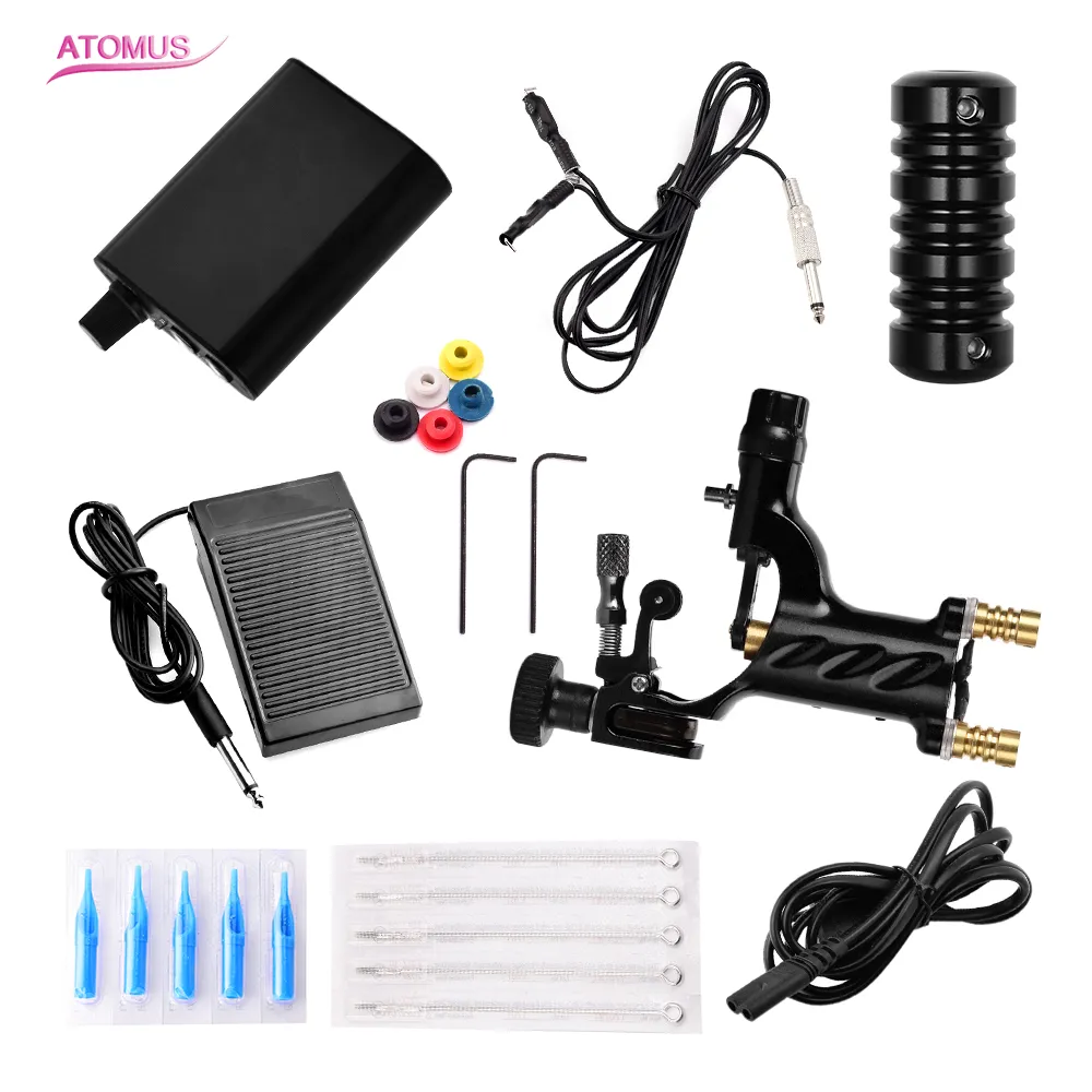 Atomus Profesional Tattoo Machine Kit Groene Rottary Tattoo Guns Voeding Pedaal Bandage Grips met Tattoo Naald en Tips Toepassingen