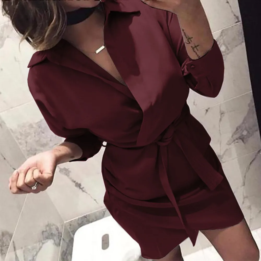 Wholesale-elsvios 2019女性夏のシャツのドレスカジュアルな堅い長袖ターンダウンカラーハイストリートドレスブレットエレガントなオフィスドレス