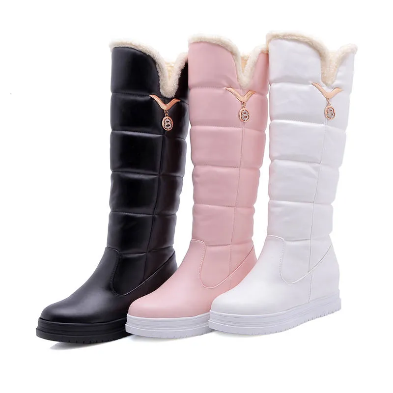Hot venda- 2020 nova moda do joelho botas altas mulheres deslizar sobre redondos botas de neve de inverno toe simples doce sapatos casuais mulher rosa