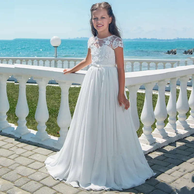 Long Chiffon Flower Girl Dresses for Weddings Proms and First Communion A Line Lace Pageant Gowns in White