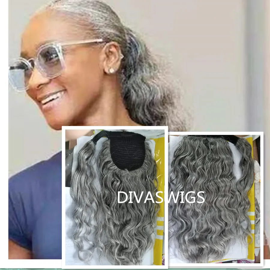Grey hair wet wavy Wrap around ponytail hairpiece silver grey real hair pony tail for black women soft and Natural 1pcs 120g140g100g