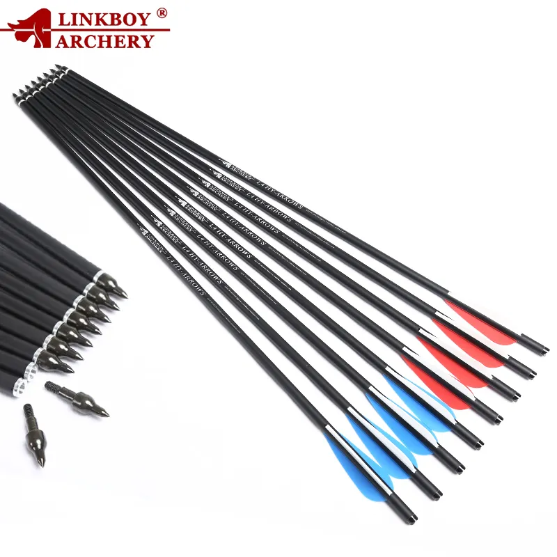 6/12 / 24Pcs Crossbow Karbon Ok 17 / Okçuluk Crossbow Av Çekim için 20Inches uzunluğu ID7.6mm OD 8.8 mm 4inç Kanatlar