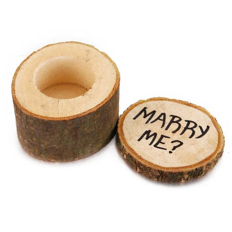 Box anel de casamento do casamento do portador de anel de madeira impresso Marry Me Jewelry Box Rústico caixas de anel