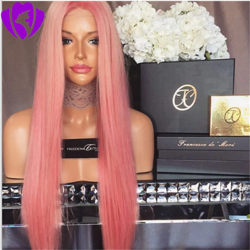 High Density Heat Resistant Synthetic Lace front Straight Wigs For Women Ombre Pink Glueless Cosplay Natural Hair Wig