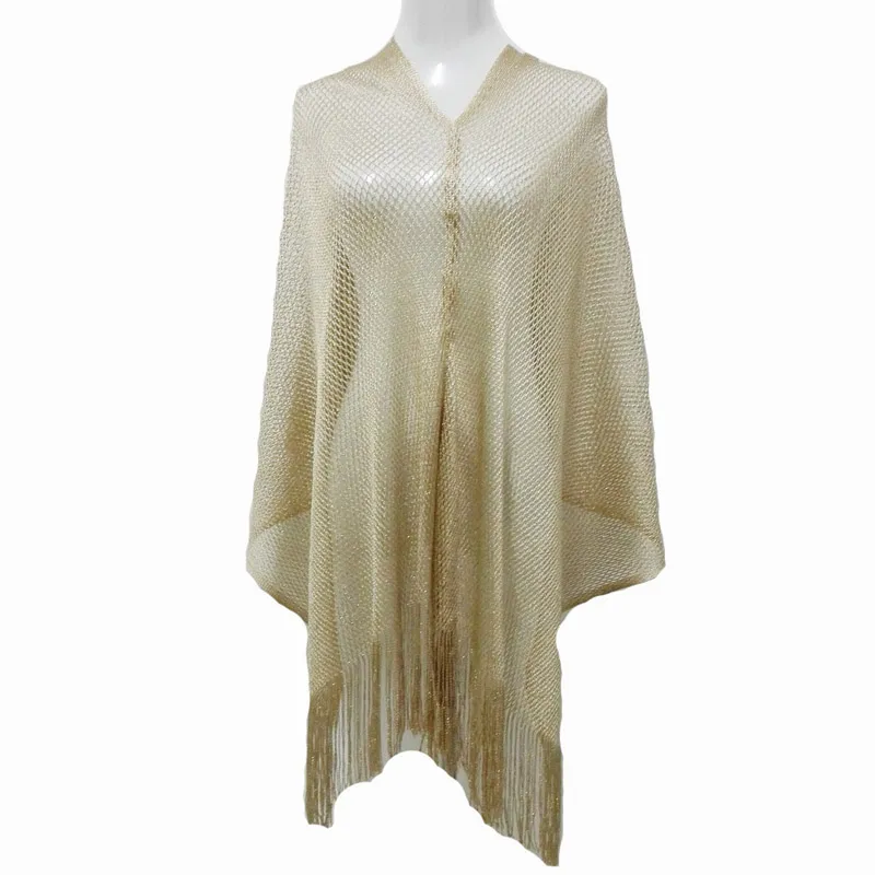 Spring Style Rock Metalico Shiny Fishnet Poncho Sciarpa Scialle Donna Sexy Summer Gold Sequin Frangia Poncho