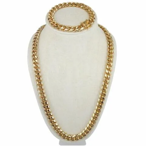 Bracelet chaîne à maillons cubains Miami plaqué or 18 carats pour homme, ensemble de 2 pièces, collier fermoir