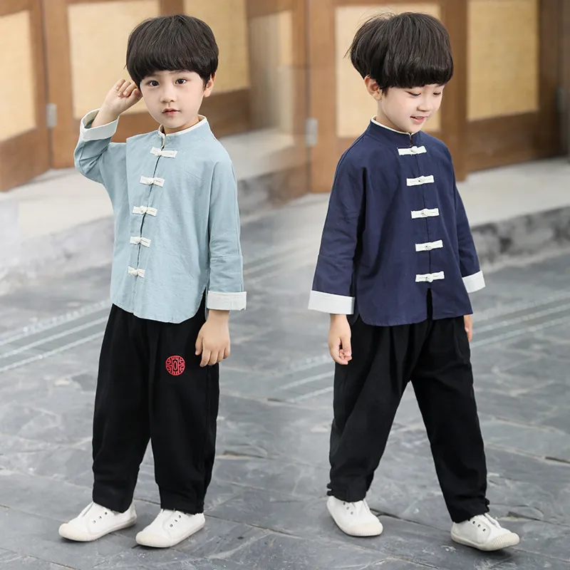 Ropa para niños Boys Hanfu Ropa de otoño Nuevo estilo de celebridad Retro Tang Button Camisa + Pantalones 4-120 años