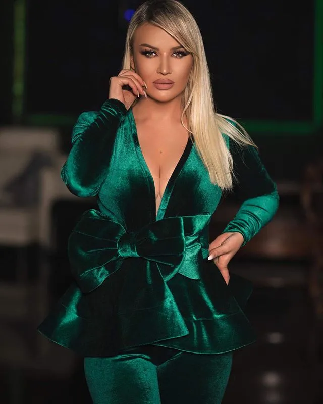 Dark Green Velvet Sheath Dress Set V Neck Ruffle Long Sleeve Plus Size  Evening Gowns Formal Party Prom Dresses From Greatvip, $98.38 | DHgate.Com