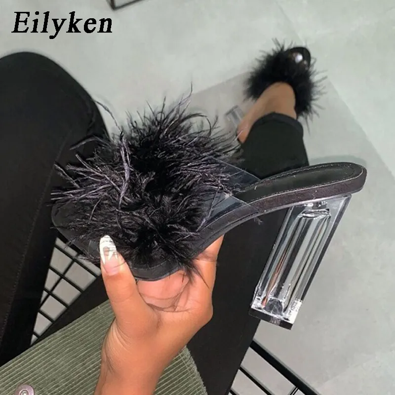 Eyilyken mulher real pena peluda sandálias peludas chinelos cristal quadrado quadrado alto saltos peep toe mules lady perspex salto desconto bombas