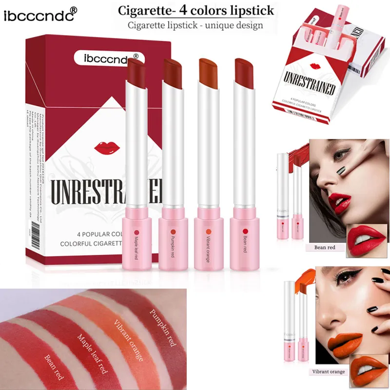 Makeup Lipstick Set ibcccndc Cigarette Boxes Lipsticks 4 Colors Matte Lip Kit Moisturizer Nude Red Long Lasting Velvet Lip Gloss Brand Cosme