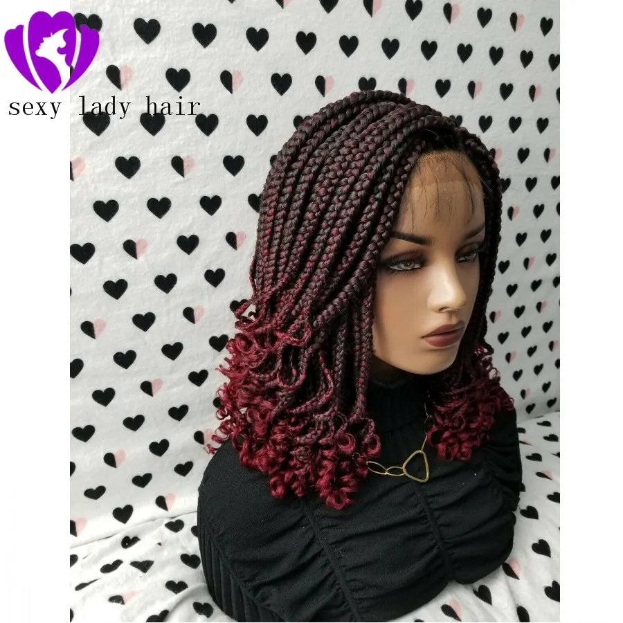 14 Handmade Braided Lace Front Wig With Curly Ends In 1b/Burgundy