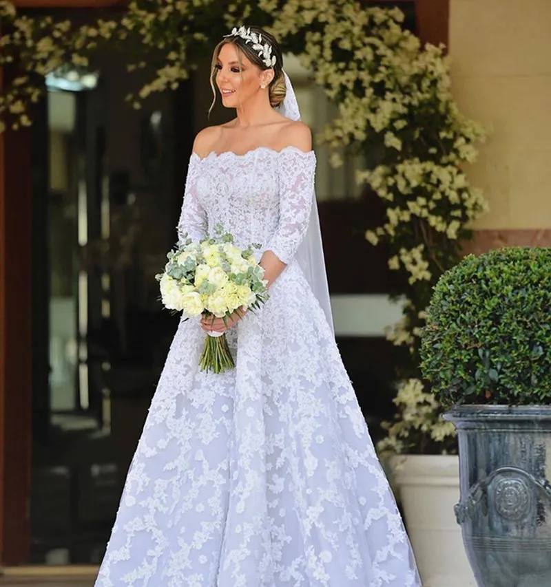 New Organza Wedding Dress With Lace Appliques Scalloped Neckline 3/4 Sleeve A line Sweep Train Elegant Plus Size Bridal Gowns For Women 90