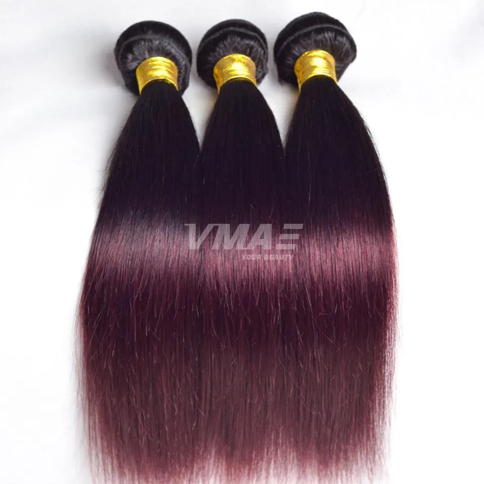 VMAe Ombre Färg Malaysisk Remy Virgin Human Hair Weft 1B 99J Burgundy 3 Bundles Silky Rak Hår Förlängning Vävar Två Ton Naturlig Soft