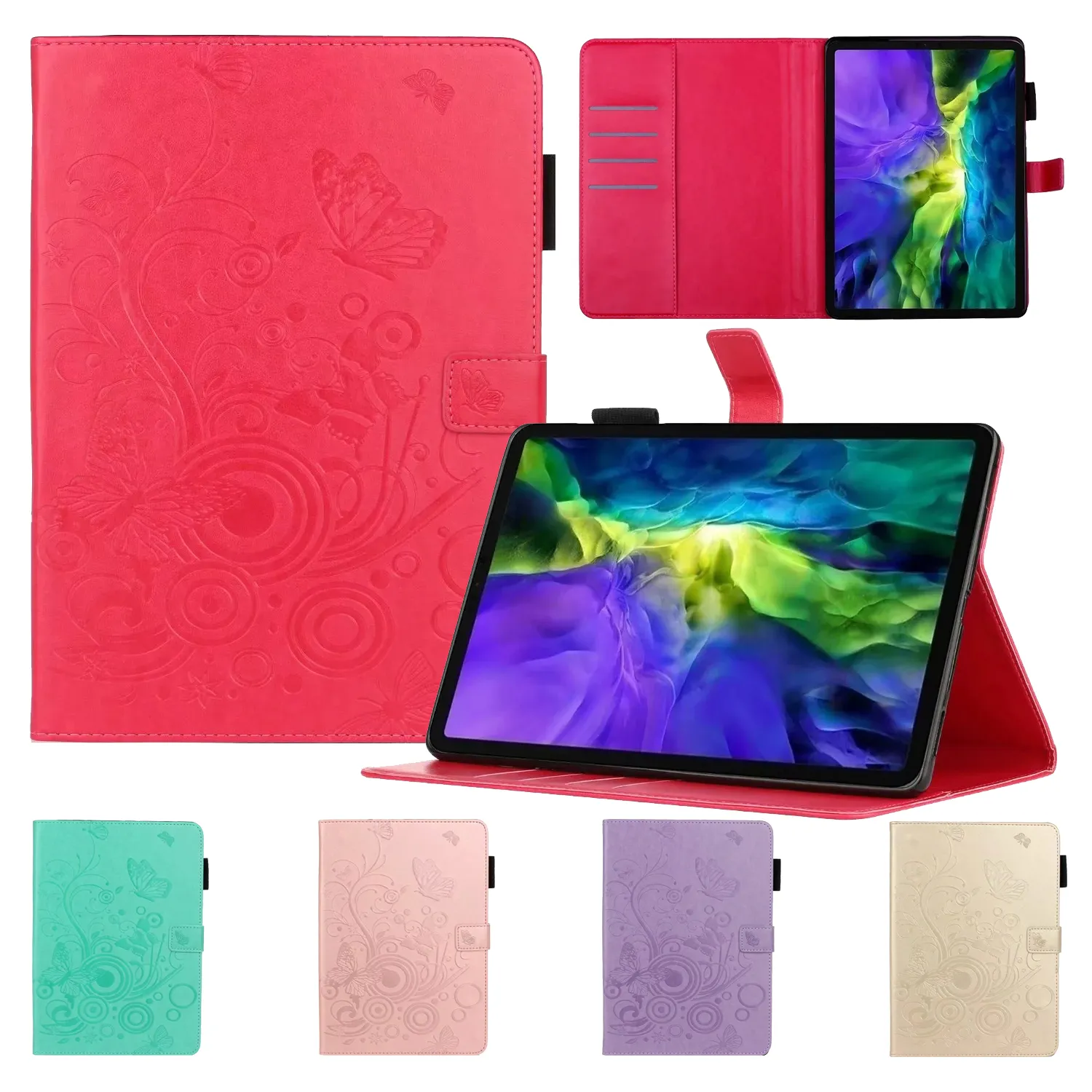 Kelebek Kabartma Deri Tablet Kapak Için iPad Air Pro 11 9.7 Mini 1/2/3/4/5 Samsung Galaxy Tab A T860 Çoklu Kart Yuvaları Koruyucu Kılıf