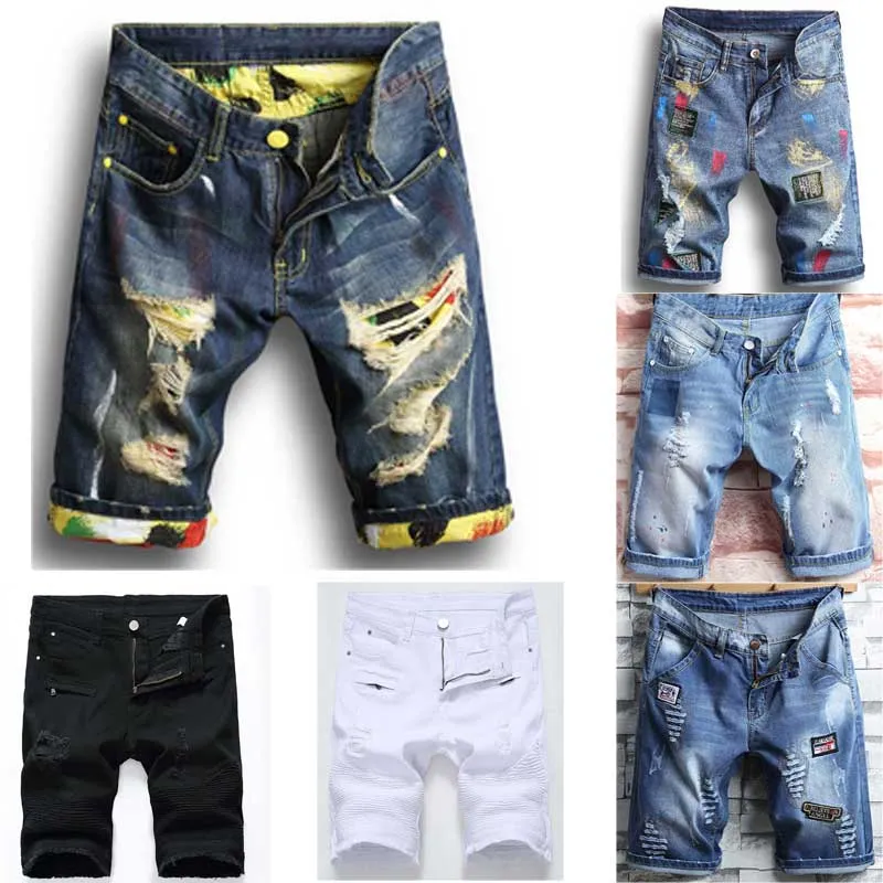 Mäns shorts Jean denim Orsaklig fashional nödställd kort skate board jogger ankel rippad våg