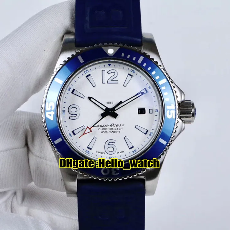 Cheap New Super Ocean 316L Cassa in acciaio A17366D81A1S1 Quadrante bianco Orologio automatico da uomo Cinturino in caucciù blu Orologi sportivi Hello_watch BRE-A95