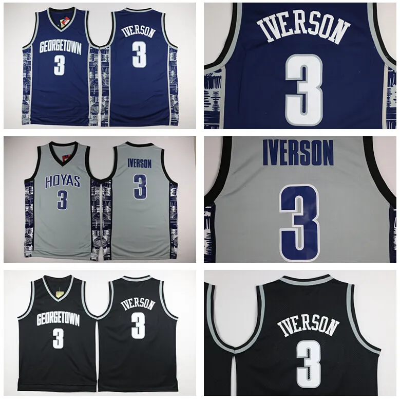 NCAA Georgetown Hoyas College # 3 Allen Iverson Jersey University Tean Nero Blu Grigio Allen Iverson Maglie economiche Camicie Uniforme S-XXL