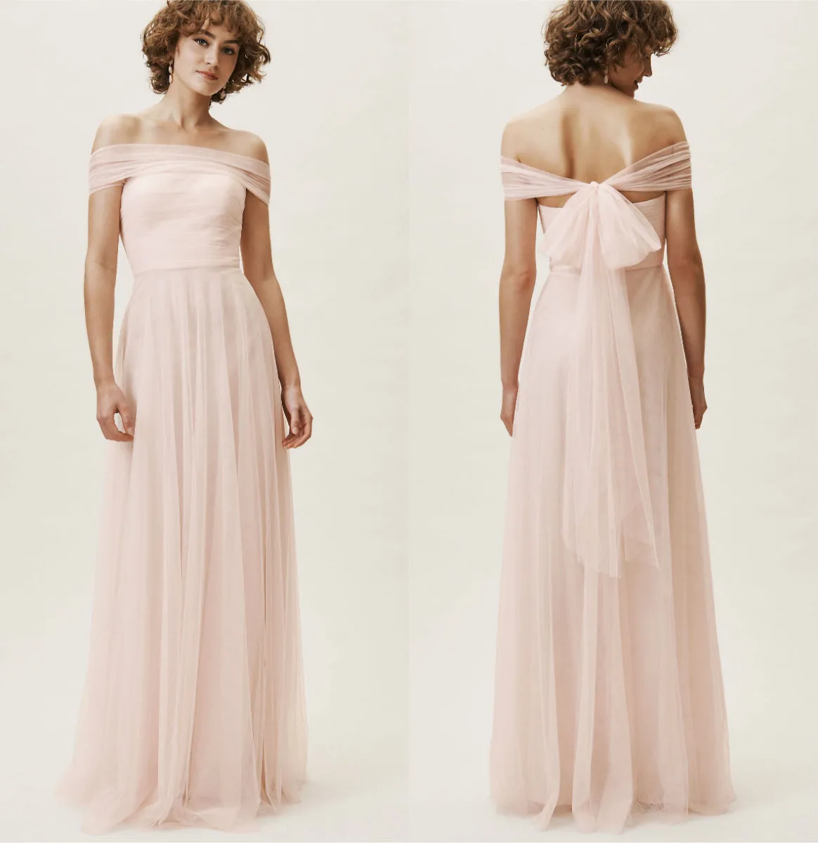 2019 BHLDN 신부 들러리 드레스 Strapless 얇은 명주 그물 민소매 바닥 길이 라이트 핑크 공식적인 의상 가운 싸구려 저녁 파티 드레스