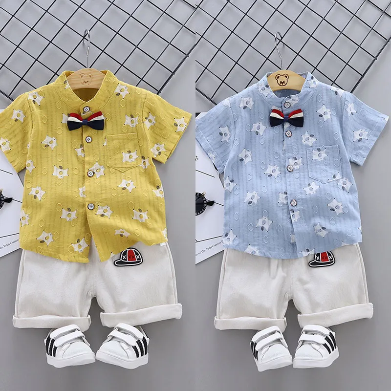 2019 trend style summer cotton Collar shirt printing tie pattern with short sleeve shirt and shorts two pieces for boys and girls