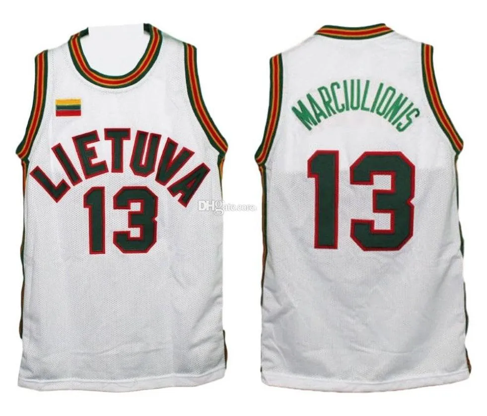 # 13 Sarunas Marciulionis 팀 Lietuva 리투아니아 레트로 클래식 농구 유니폼 망 스티치 사용자 지정 번호 및 이름 유니폼