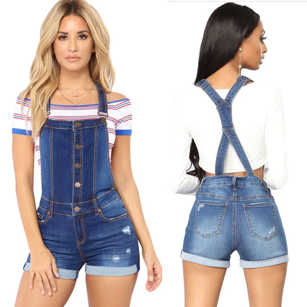 Short denim overalls women Hole Short jumpsuit high waist casual jeans playsuit washed Straps 2019 summer jeans romper