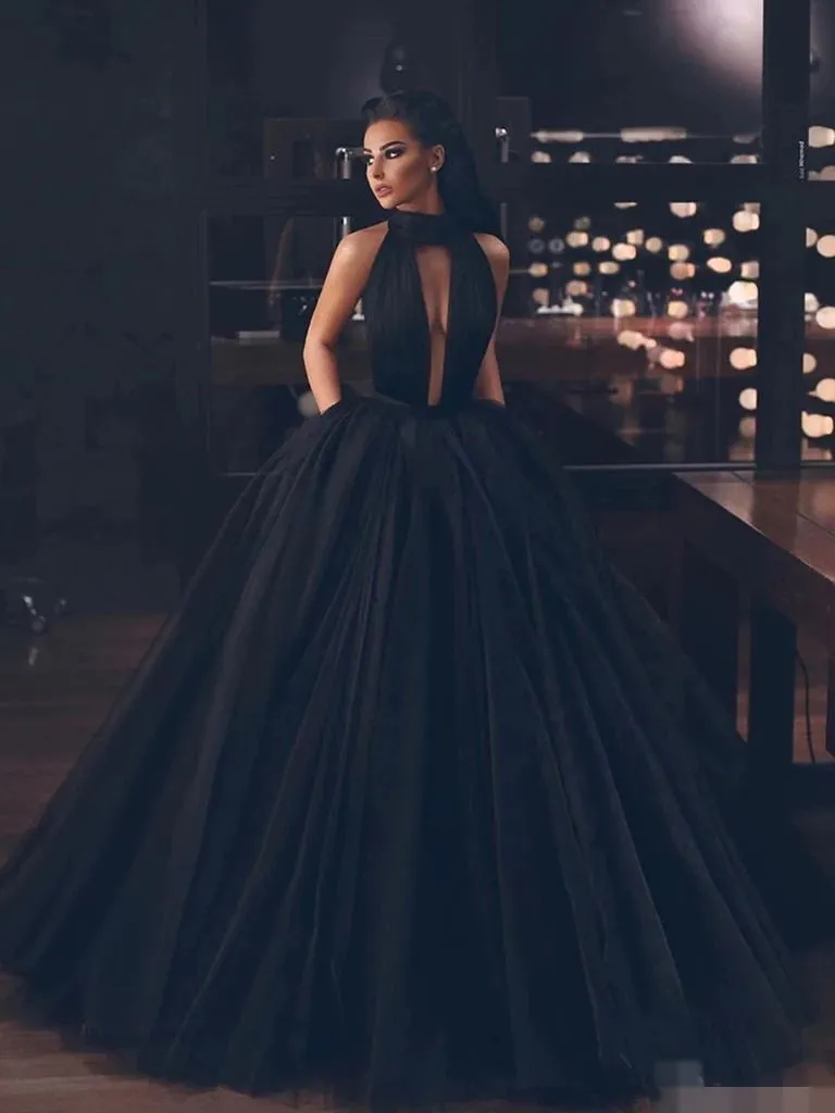 Schwarzer rückenfreier Tüll bodenlange Abschlussballkleid lange formale Abendkleider mit Taschen hoher Nacken Vestidos de Gala Puffy Prom Kleider 2020