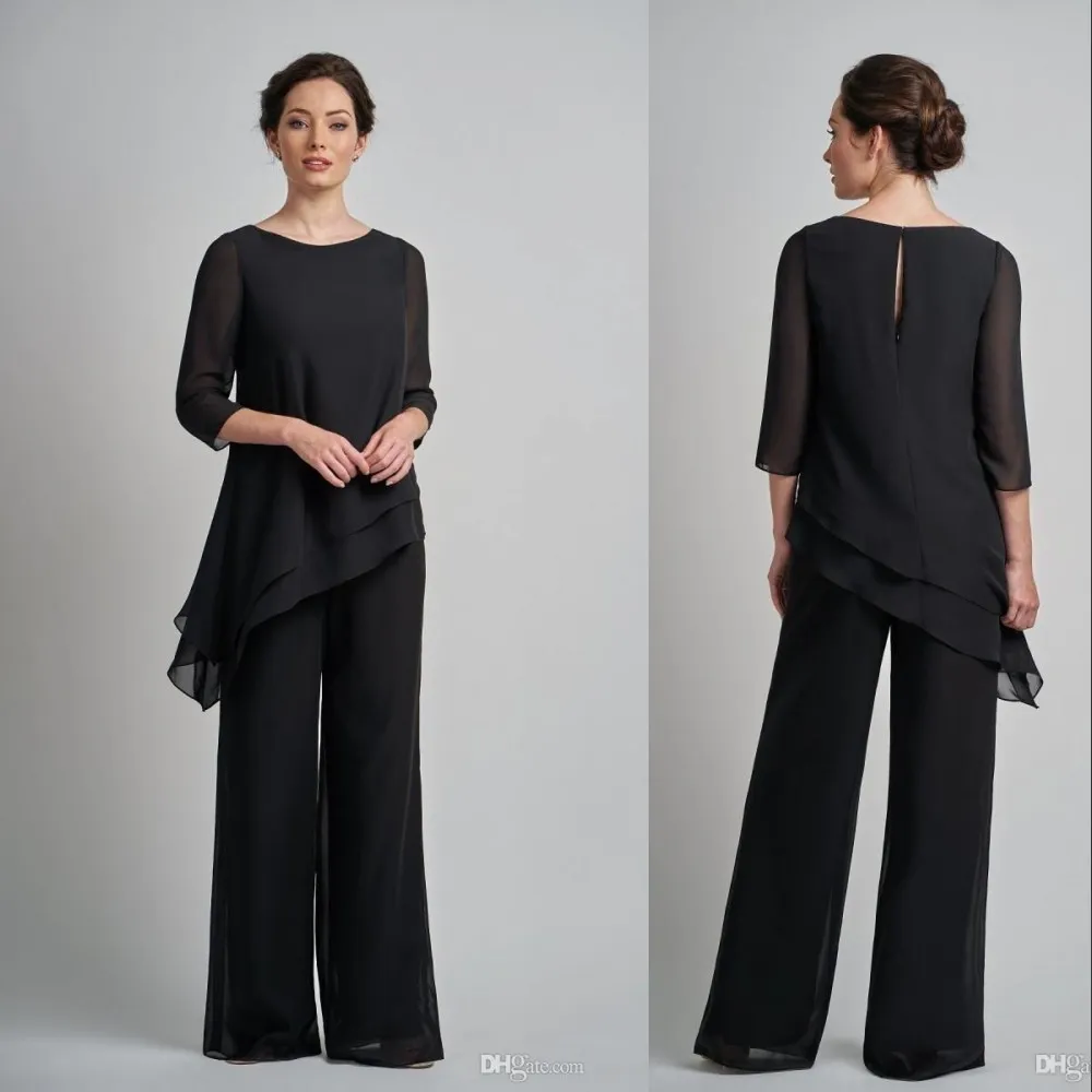 Nouveau Pas Cher Élégant Mère De Mariée Robes Pantalon Costumes Noir Jewel Cou En Mousseline De Soie Deux Pièces De Mariage Invité Robe Occasion Spéciale Robes De Soirée