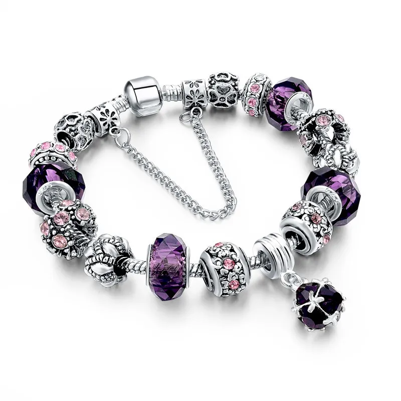 Toppkvalitet Europeisk Silver Chains Crystal Beaded Armband Bangles med Rhinestonel Heart Charm Pärlor för Kvinnor Snake Chain DIY Smycken
