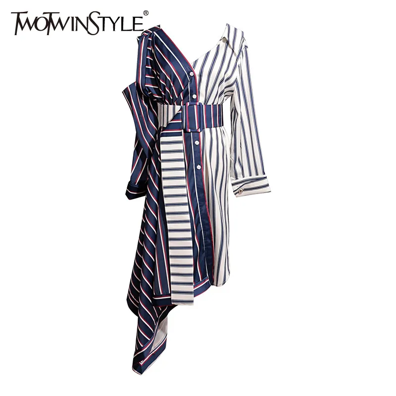 Twotwinstyle Asymmetrical Shirt Dress Women Off Shoulder Striped Sexy Dresses Female With Wide Belt Patchwork Clothing Autumn Y19052901