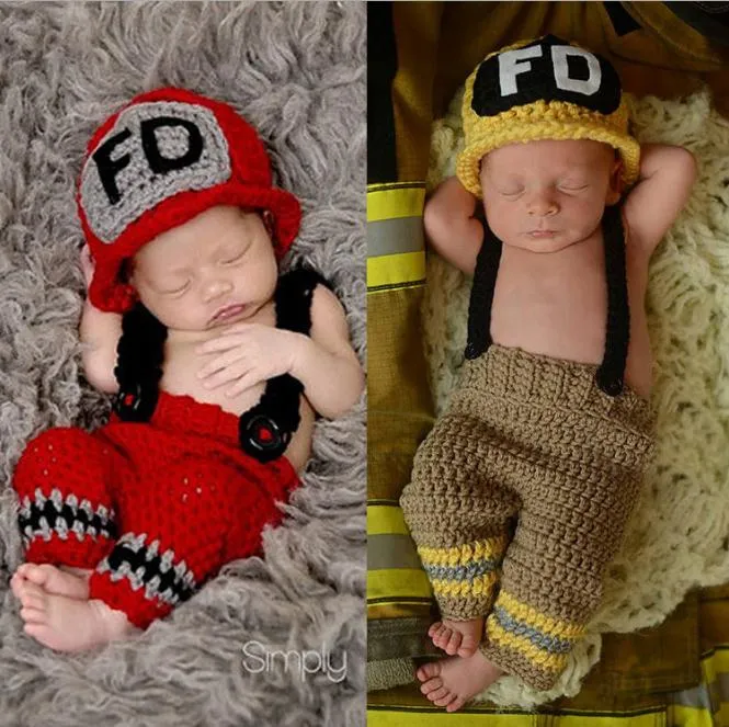 Handmade Crochet Baby Fireman Outfit Newborn Photo Props Knitted Baby Costume Christmas Outfit Baby shower Gift