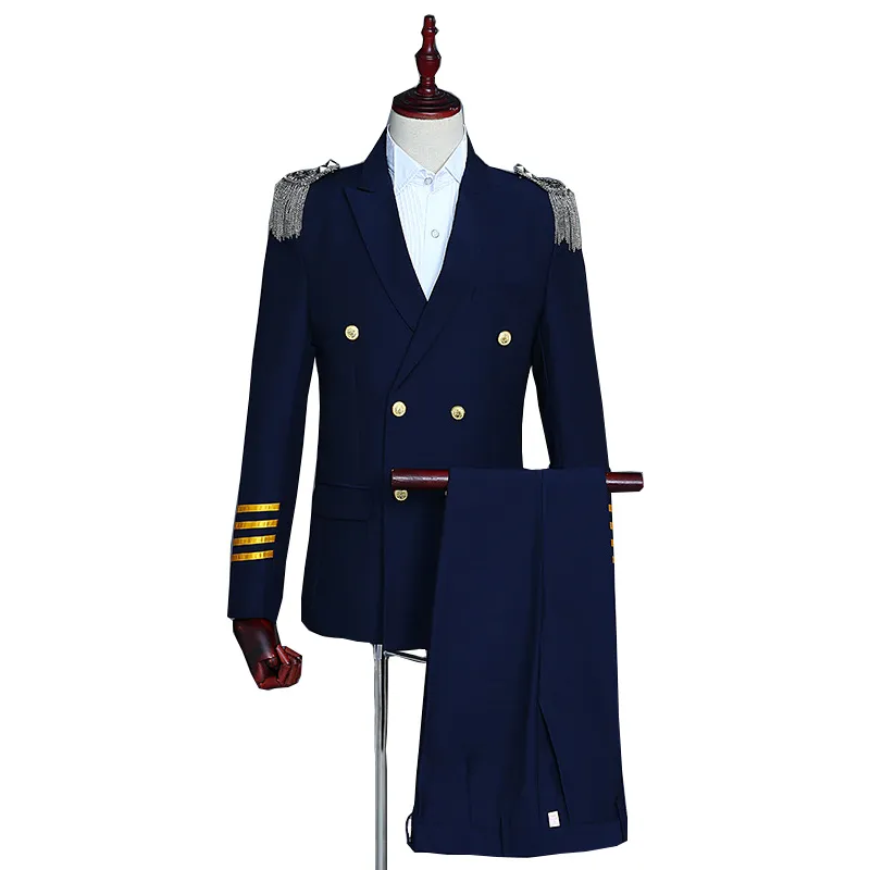 Navy blue double-breasted suits Men 2019 slim fit mens blazer with pant 2 pcs party tassels epaulettes uniforms dress Suits set