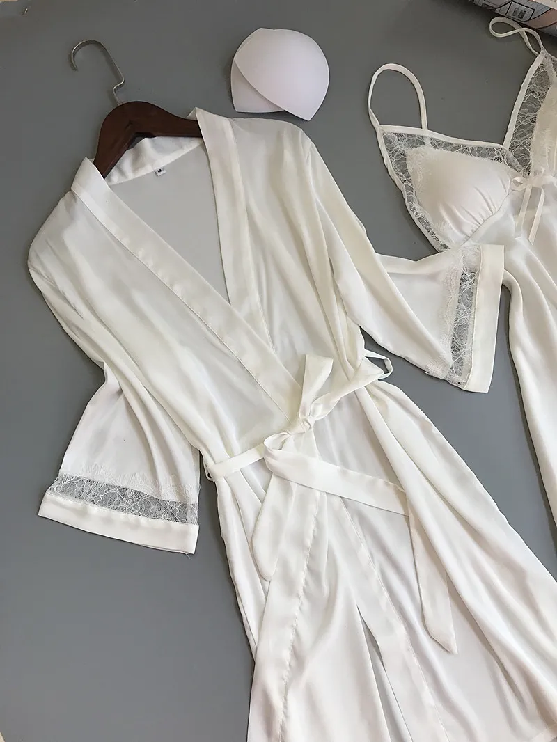 Bed 2 Robe Women's Sleepwear Sexy Lace Silk Robe & Gown Set Sleep Dress Bathrobe ...