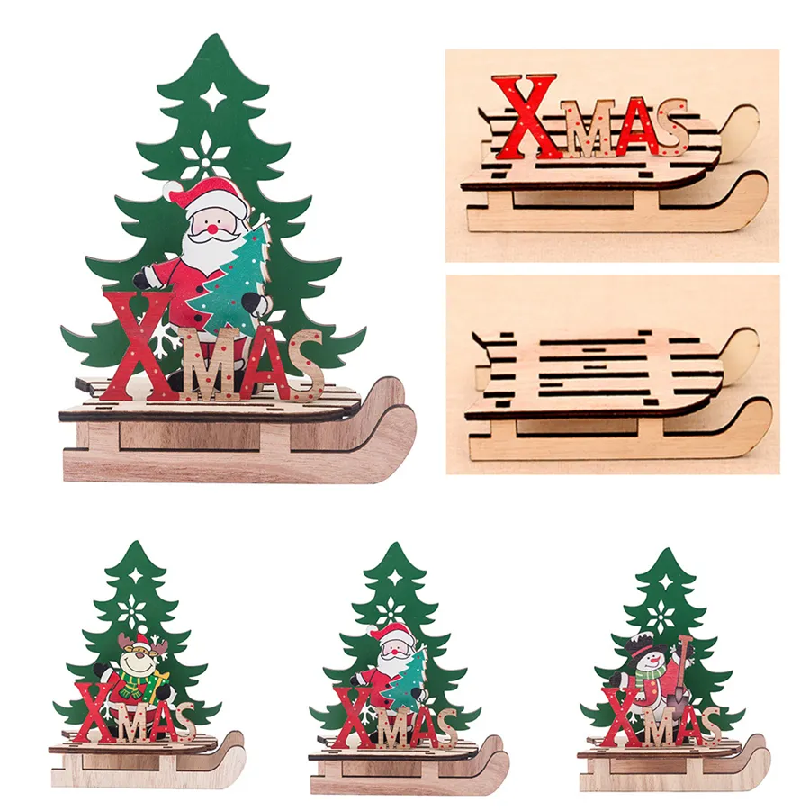 Noël en bois bricolage Santa bonhomme de neige cerf traîneau ornements dessin animé arbre combinaison ornements nouvel an décoration pour la maison JK1910